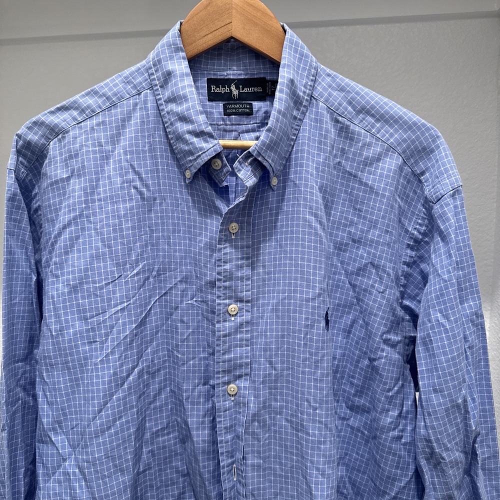 VTG Ralph Lauren Shirt Mens XL 17 32/33 Blue Plaid Yarmouth Long Sleeve Button